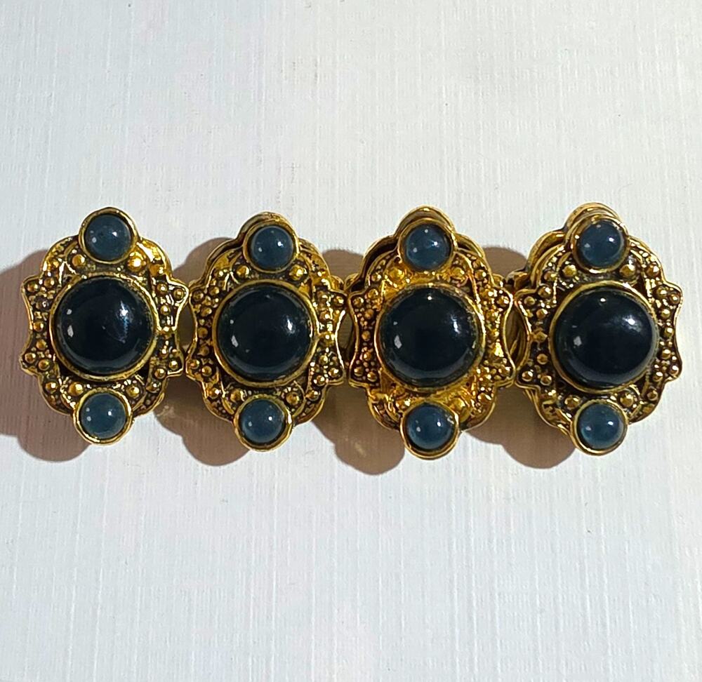 Gothic Renaissance Revival Gold Tone Ornate Textured Black Stone Link Bracelet